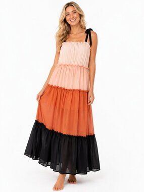 Fanco Ombré Maxi Dress Peach Pink Black Boho Cottagecore Dress M Romantic